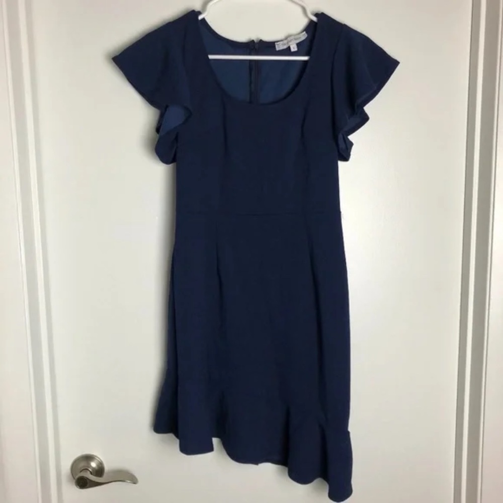 ! The Vanity Room Navy Asymmetrical Midi Ruffle Dress Women Size S
